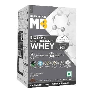 MuscleBlaze Biozyme Performance Whey Protein Powder (Old MRP), 0.4 lb Rich Chocolate Travel Pack (5x36g) sachets